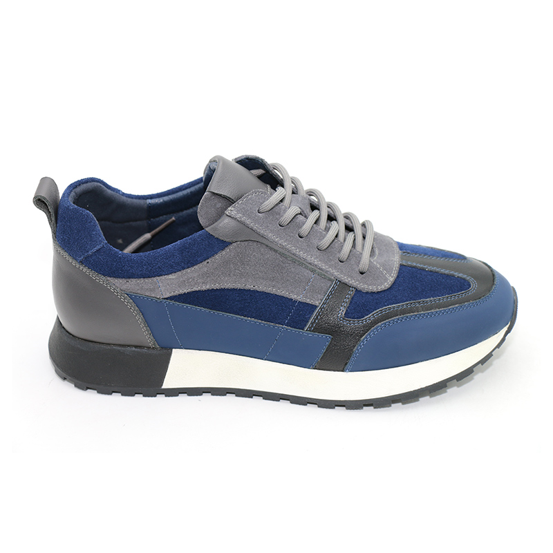 Sneakers Manufacturer Latest Sport Breathable Leather Color Block Flat Sneakers Blue Casual Shoes