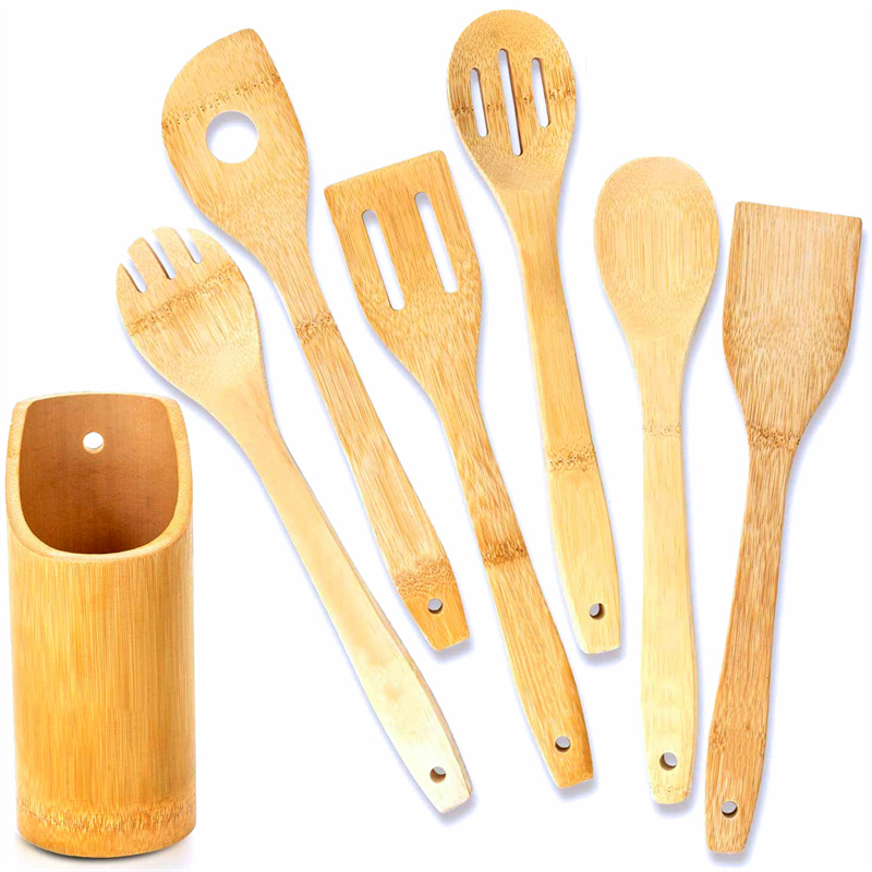 6pcs Bamboo Wood Kitchen Cooking Utensil Set with Holder