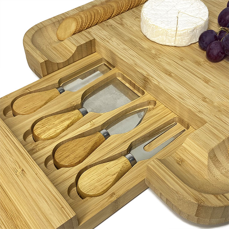Wholesale Nature Bamboo Cheese Board with 4 Knife Sets