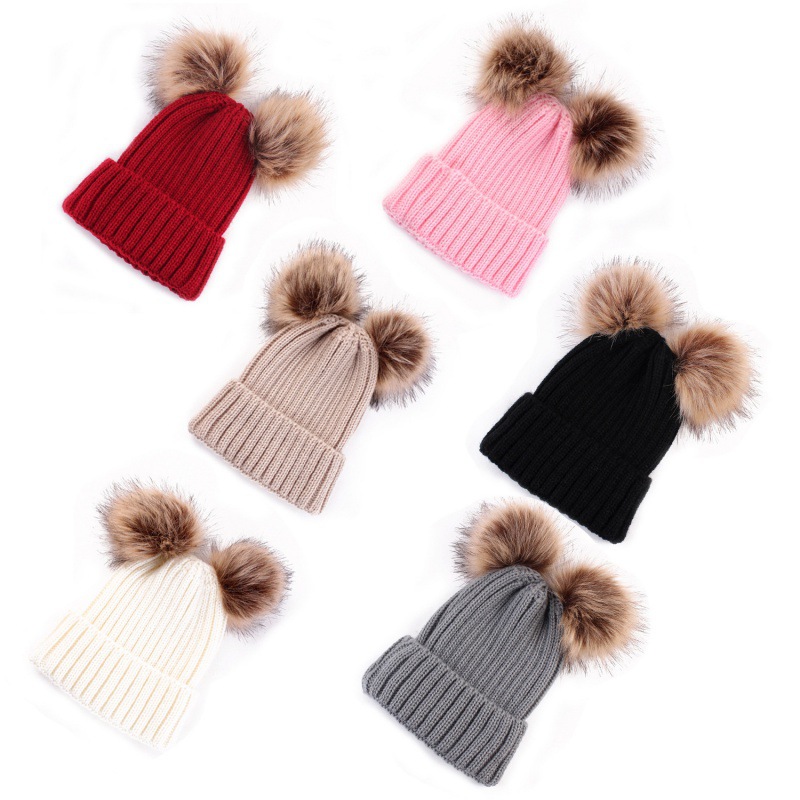Womens Winter Hat Knit  Beanie for Women Girls Double Faux Fur Pom Pom Ears