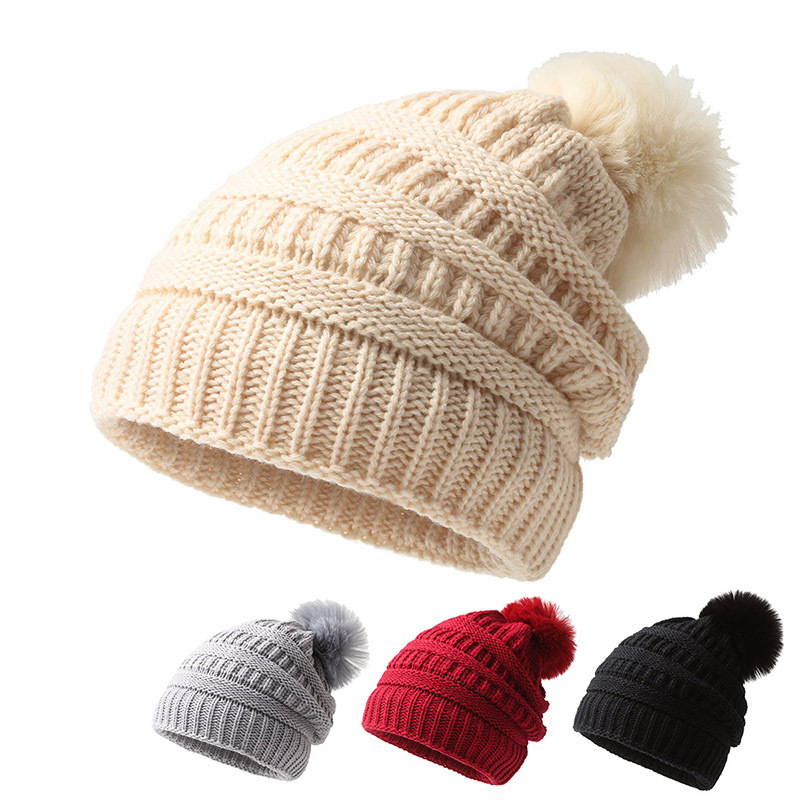 Women Knit  Beanie Hat with Faux Fur Pompom Winter Soft Warm Ski Cap