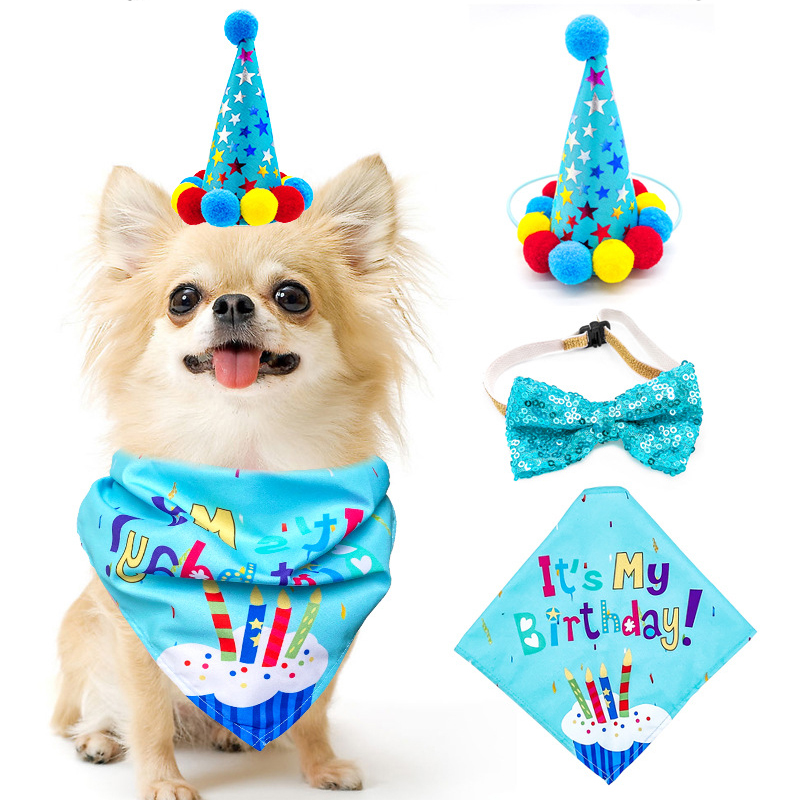 Dog and Cat Birthday Bandana & Hat Pompom Decor Puppy Cat Hat Cartoon Bandana Scarf Party Accessories Supplies
