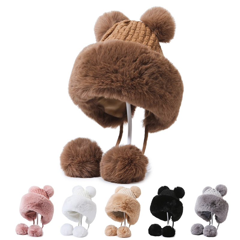 Winter Pompom Beanie Hats for Women Knit Faux Fur Crochet Skull Cap Outdoor Ear Cover