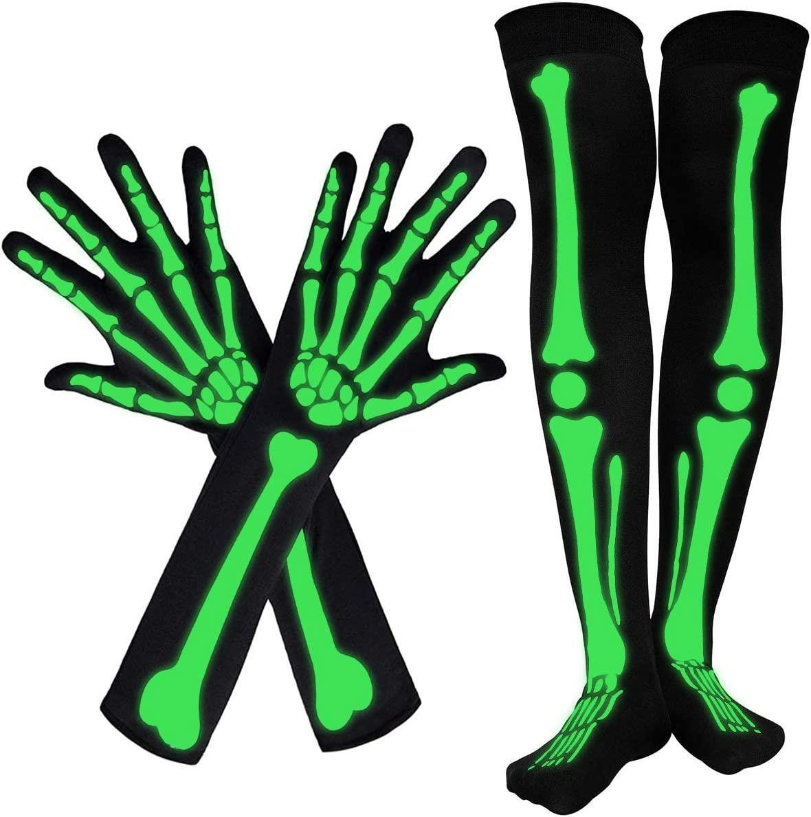 Luminous Skeleton Gloves Skull Gloves Skeleton Stockings Prom Props Luminous Ghost Bone Socks for Halloween party