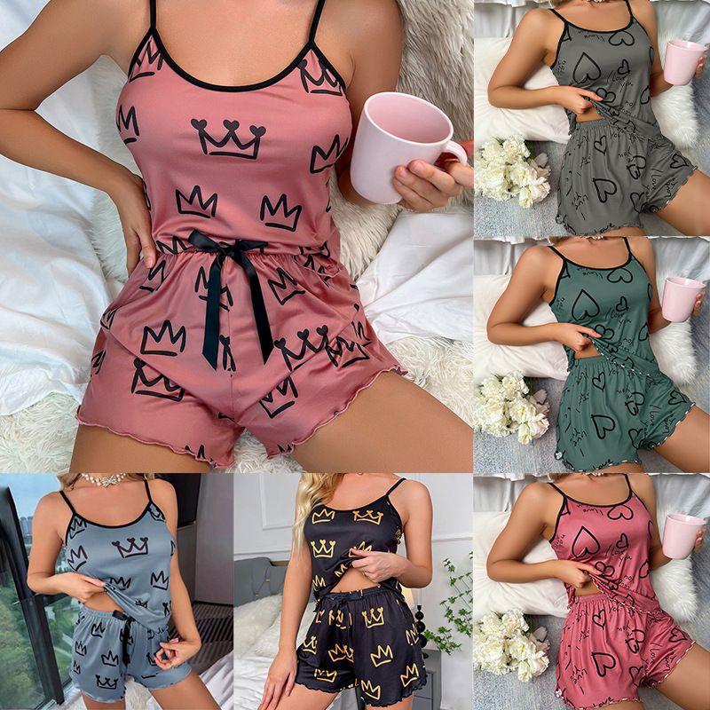 two-piece set of printed vest home wear Women's sexy pajamas
