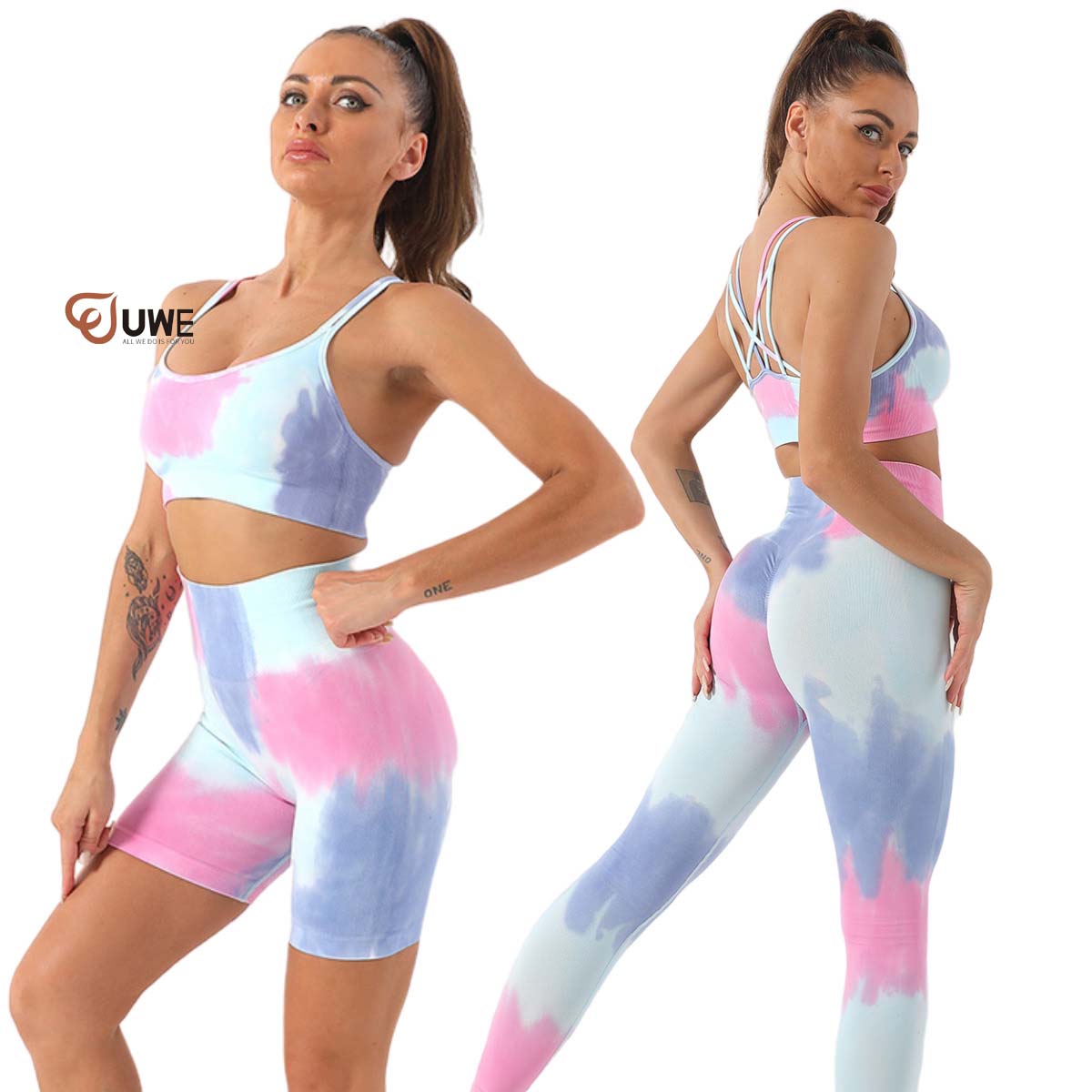 Tie Dye Seamless Yoga Set Lifting Hip High Waist Tight Fitness Pants Suit