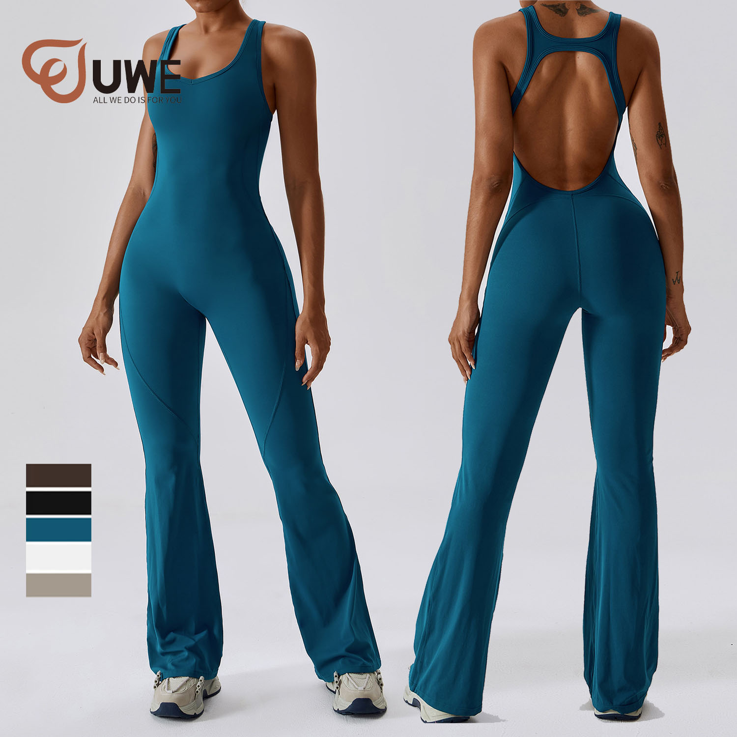 Yoga Jumpsuit Hollow Out Back One Piece Fitness Workout Romper Flared Pants