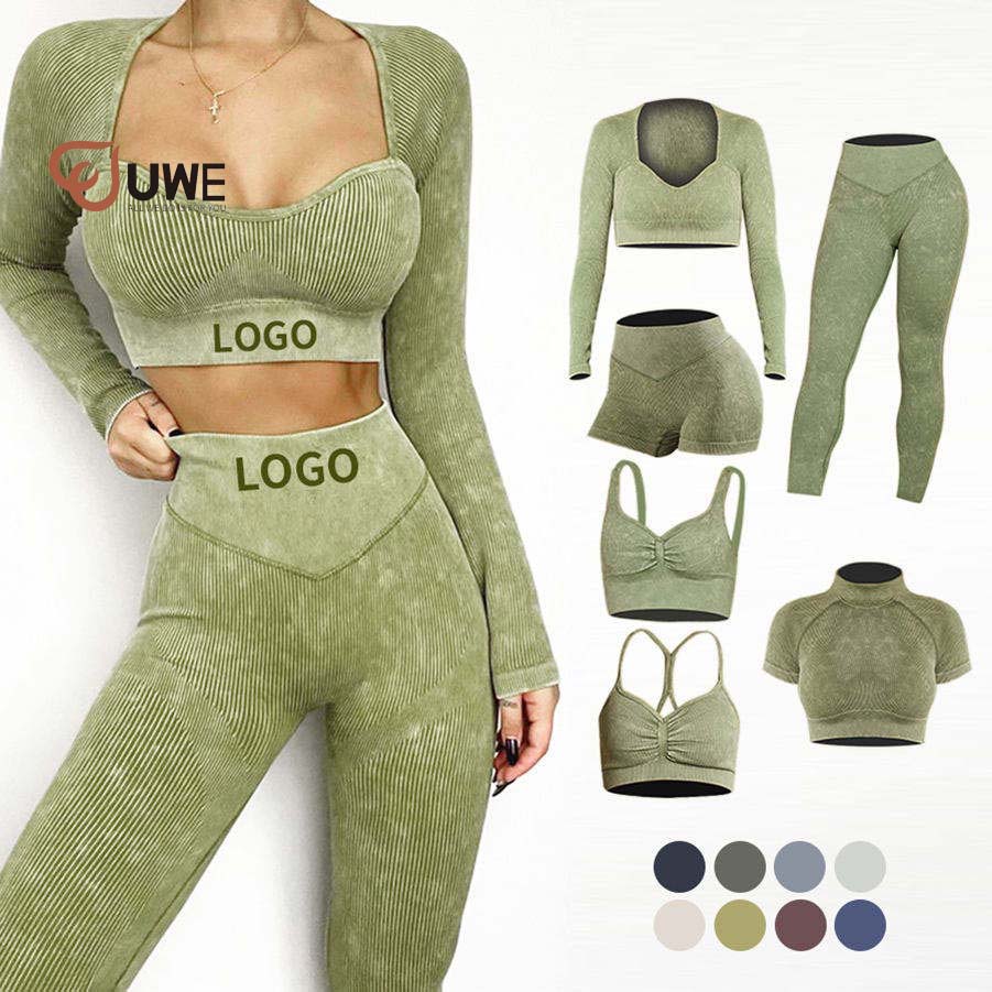 6pcs Wash Ribbed Fitness Yoga Set Active Seamless Workout Gym Fitness Suit