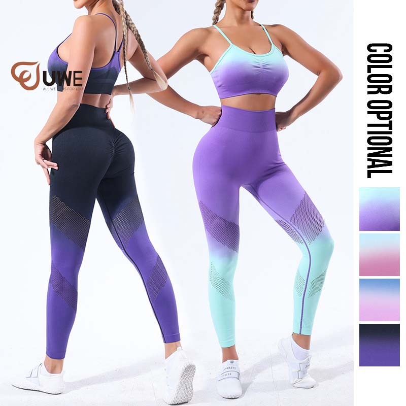 Summer Yoga Suit Seamless Hollow Out Leggings And Gradient Top