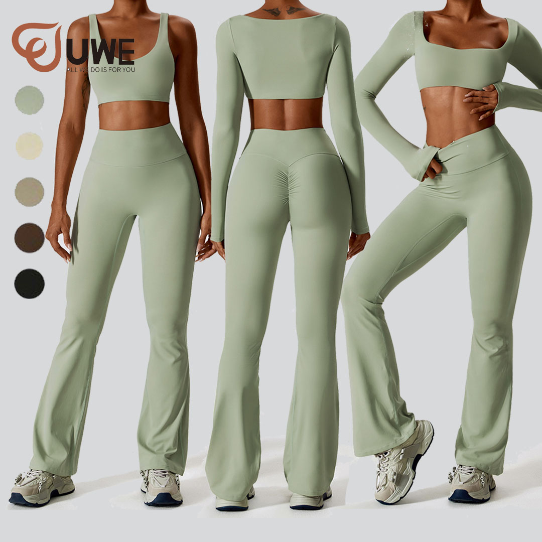 Yoga Set Workout Tights Crop Top Seamless Long Sleeve Fitness Suit
