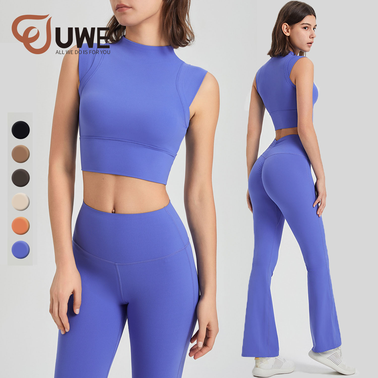Yoga Set High Waist Flared Pants Solid Color Tank Top Workout Wear