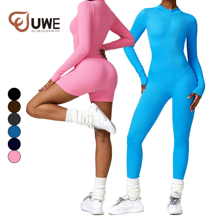 Yoga Jumpsuit Seamless Ribbed Half Zipper One Piece Rompers Bodysuit