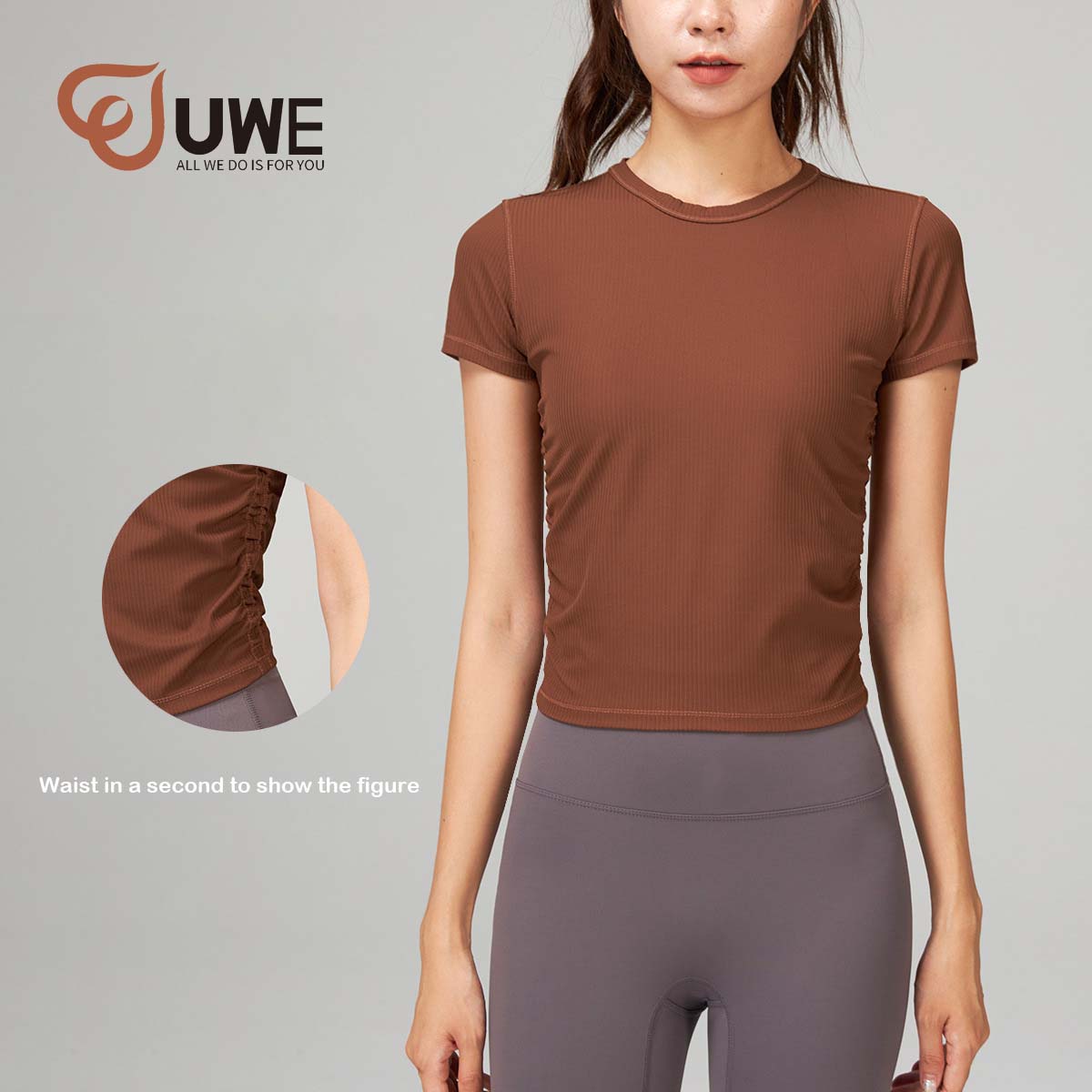 Yoga T-shirt Ribbed Waist Short Sleeve Round Neck Crop Tops